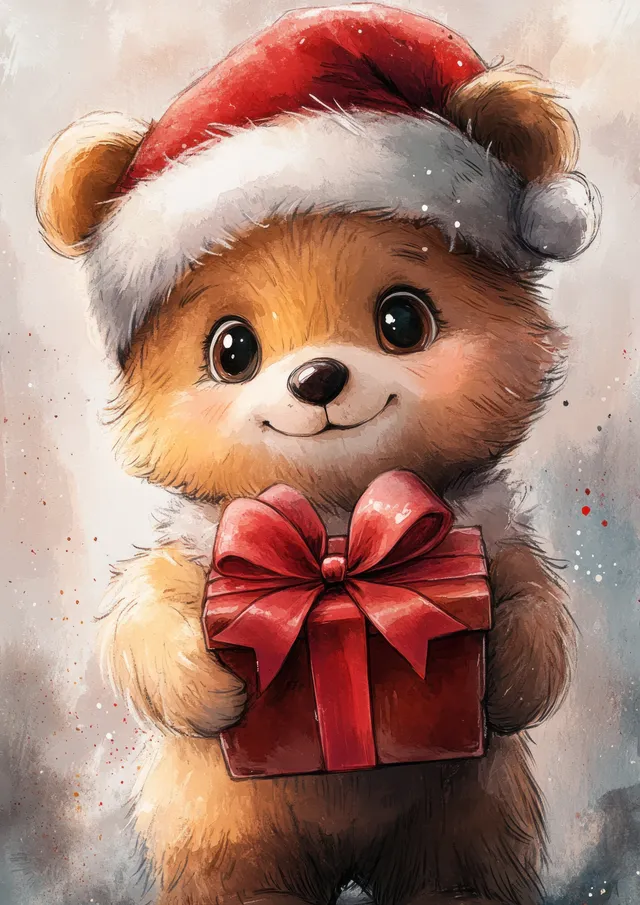 Cute teddy bear in Santa hat holding a red gift box watercolor illustration