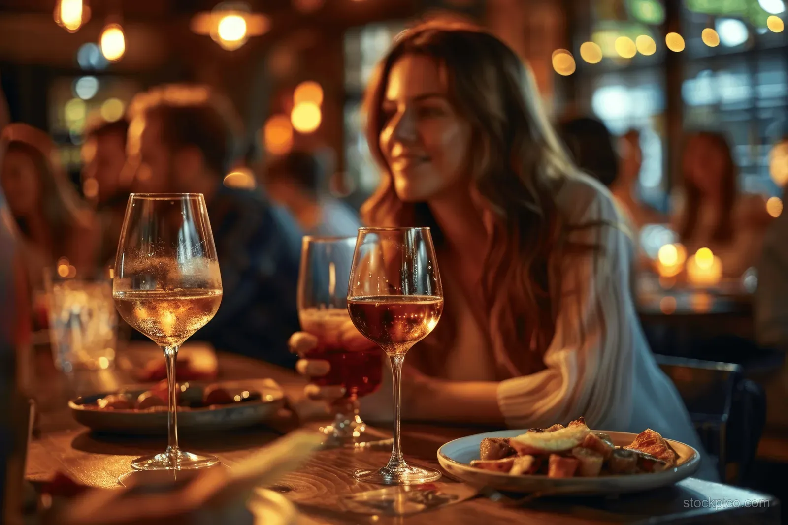 Friends at a warmly lit bar clink wine glasses while tapas plates sit on the table.