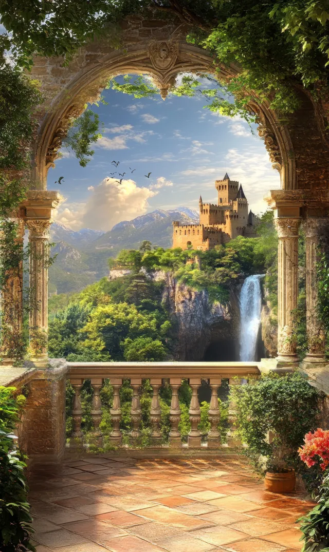 Ornate stone archway frames a waterfall spilling into a lush garden terrace with flowers and a distant castle.