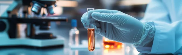 A gloved scientist holds a test tube with orange solution while lab glassware and equipment blur in the background.