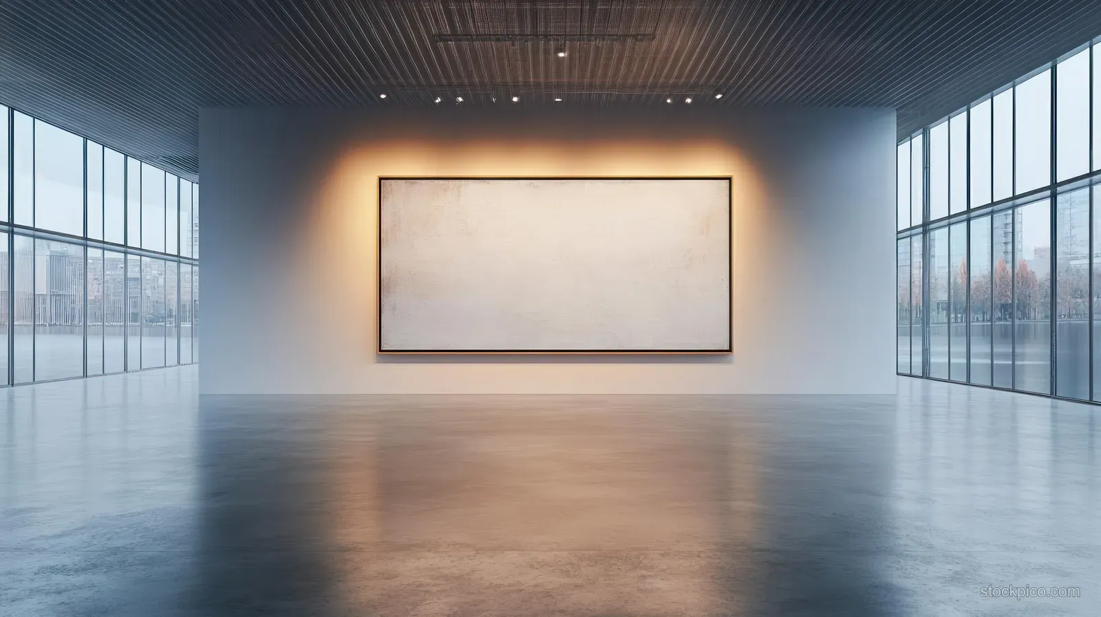Minimalist exhibition hall interior with a blank canvas on the back wall, concrete floor, and bright window light.