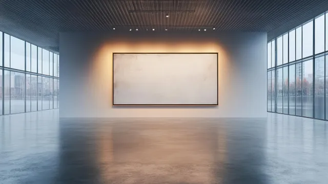 Minimalist exhibition hall interior with a blank canvas on the back wall, concrete floor, and bright window light.