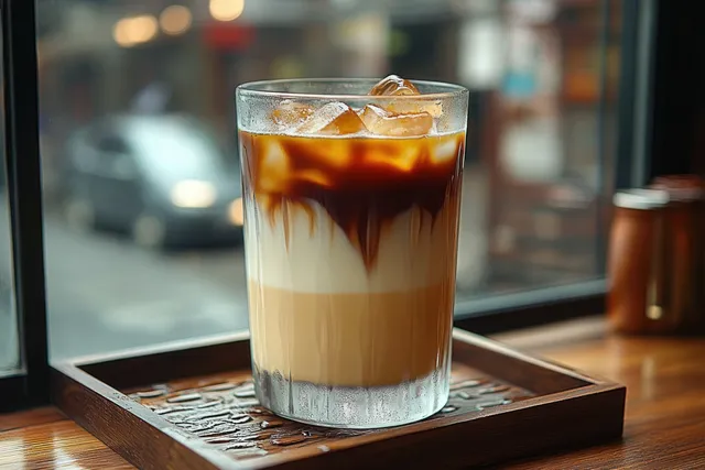 Layered iced coffee with cream and ice in a glass on a wooden tray beside a window with blurred street view.