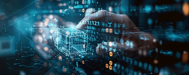 Businessman touches a glowing blockchain hologram over encrypted big data network