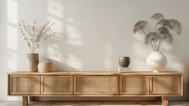 A Scandinavian wooden sideboard with woven doors holds several vases and plants in a bright minimalist living room.