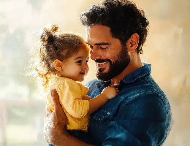 Father holding toddler in bright indoor light, affectionate hug and joyful smiles