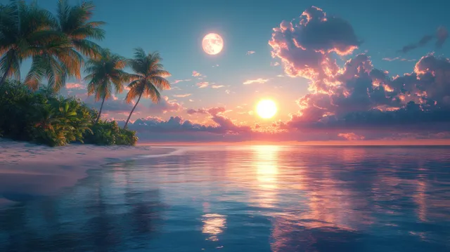 Moonlit tropical beach with palm trees, glowing horizon, and mirrored ocean reflections at dusk