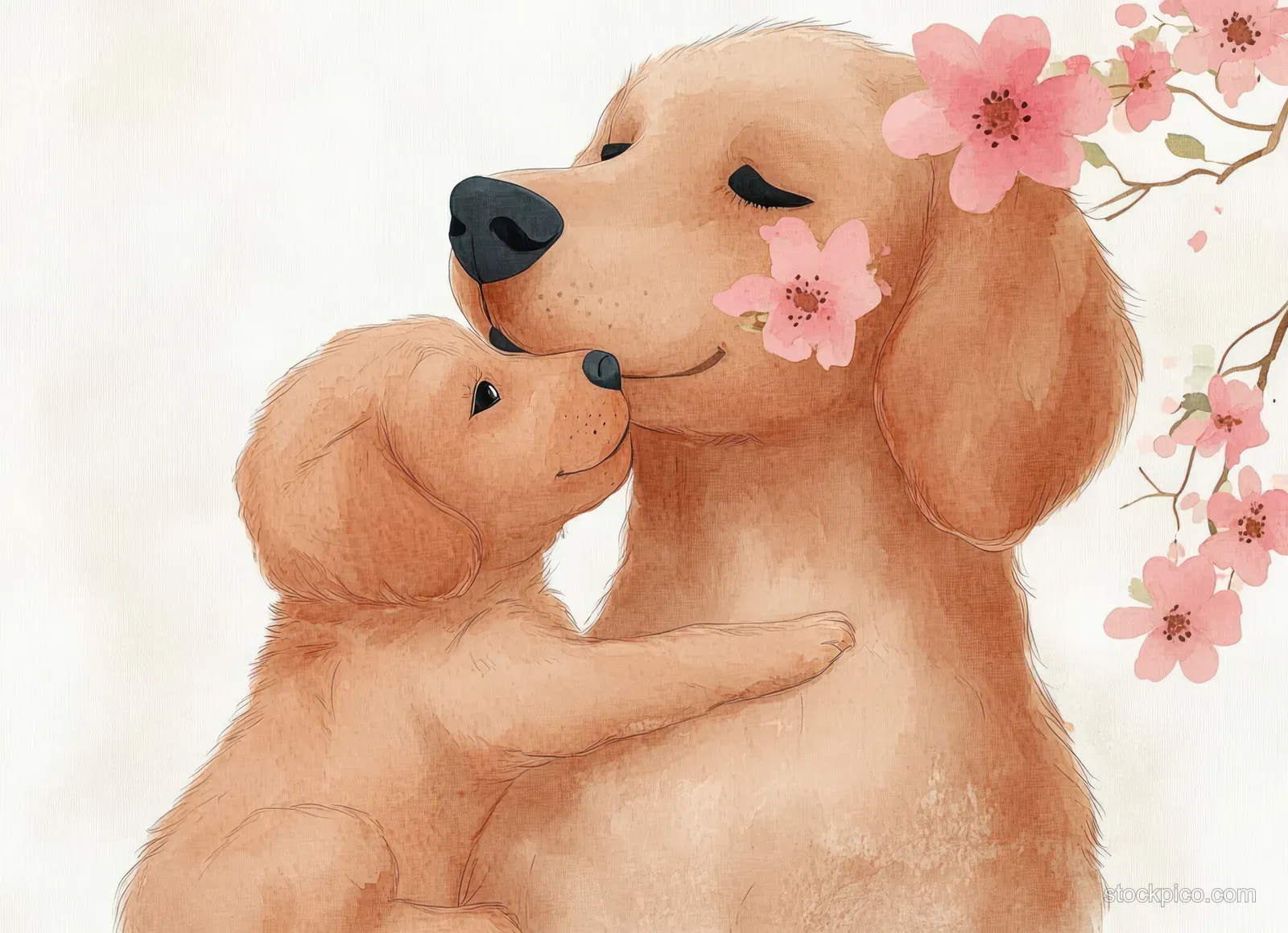 An adult dog hugs a small puppy as pink cherry blossoms frame their tender moment.