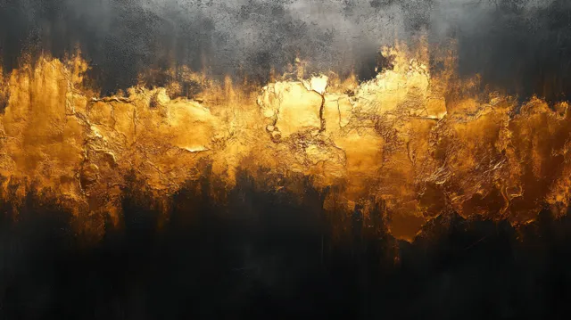 Black textured abstract background with glowing gold paint clouds across a misty horizon.