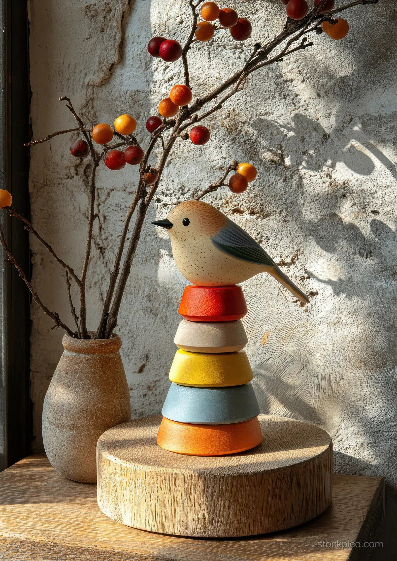A small wooden bird figurine sits on a round pedestal with stacked colorful base pieces in natural window light.