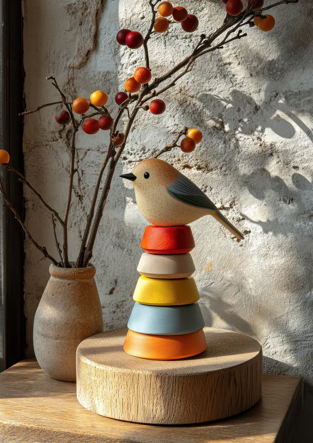 A small wooden bird figurine sits on a round pedestal with stacked colorful base pieces in natural window light.