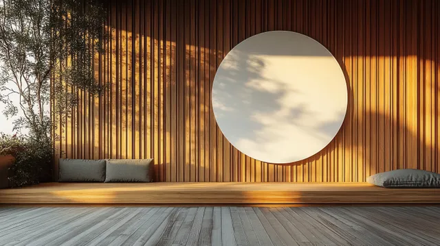 Warm wooden slat wall with a centered blank circular signboard above a clean entry floor.