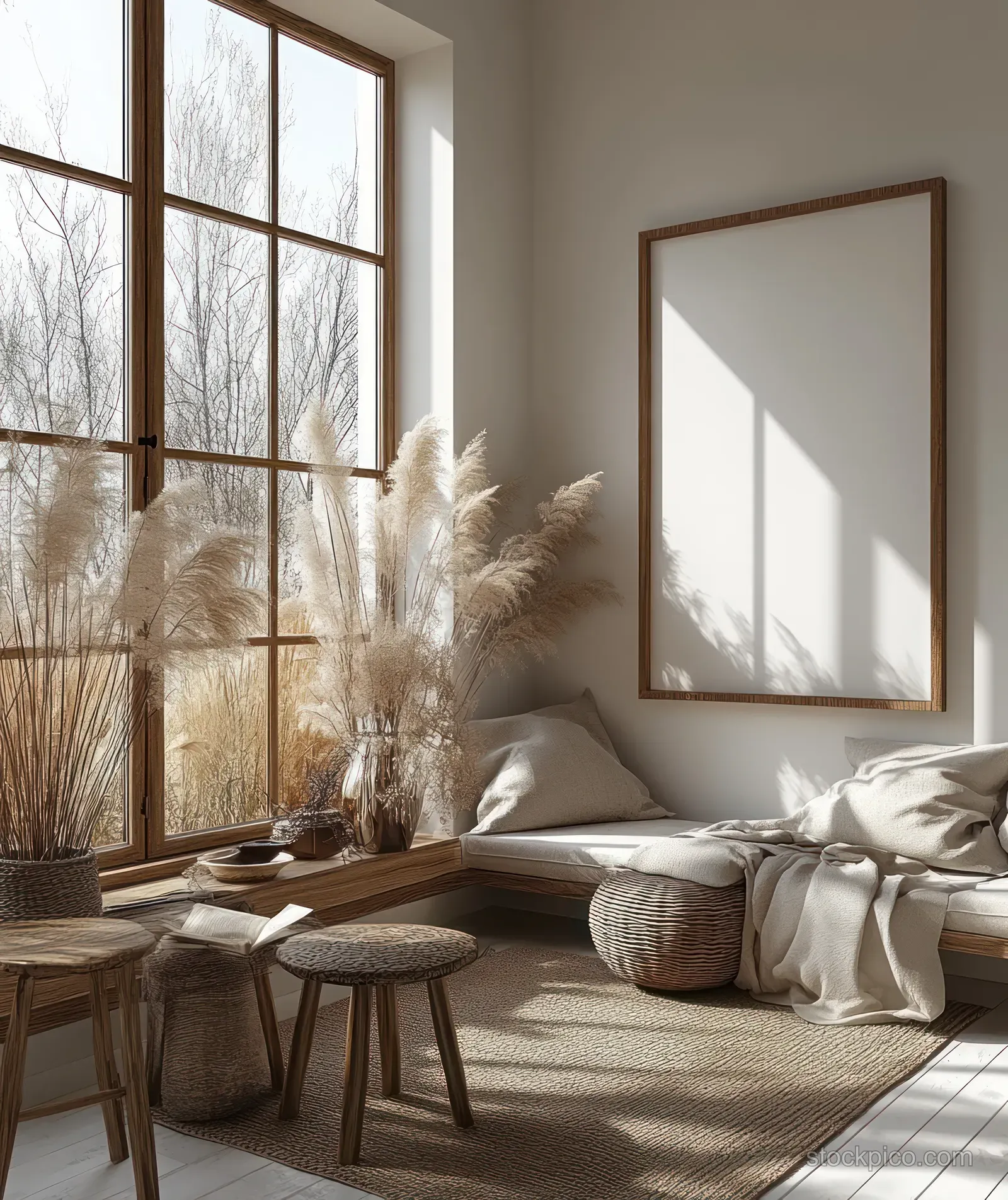 Sunlit wooden picture frame on a wall above a sofa in a bright empty living room.
