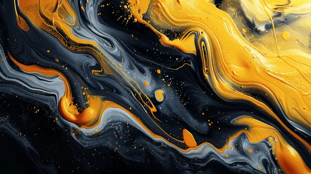 Yellow and black liquid paint swirls forming a glossy abstract marble pattern
