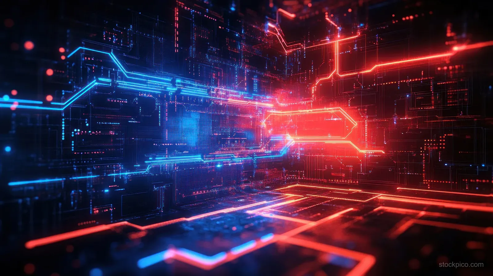 Futuristic circuit board with neon blue and red light trails flowing along connected electronic lines.