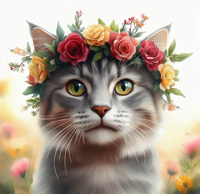 Watercolor portrait of grey cat wearing pink rose flower crown and floral wreath