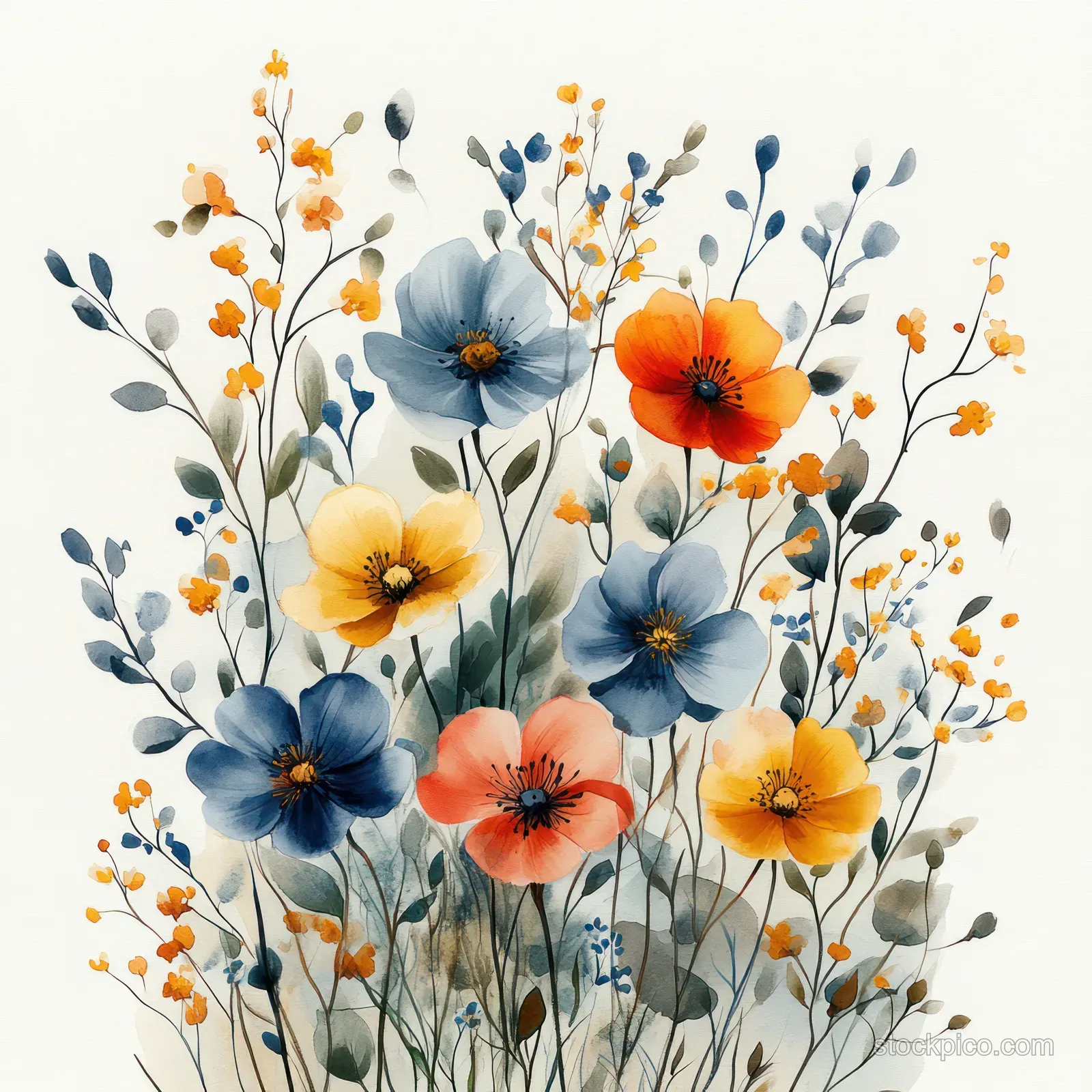 Pastel watercolor wildflowers and leaves spread across a seamless background with small butterflies.