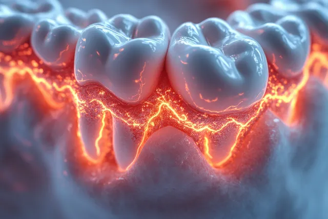 3D teeth model with a wisdom tooth surrounded by glowing orange inflammation effects.