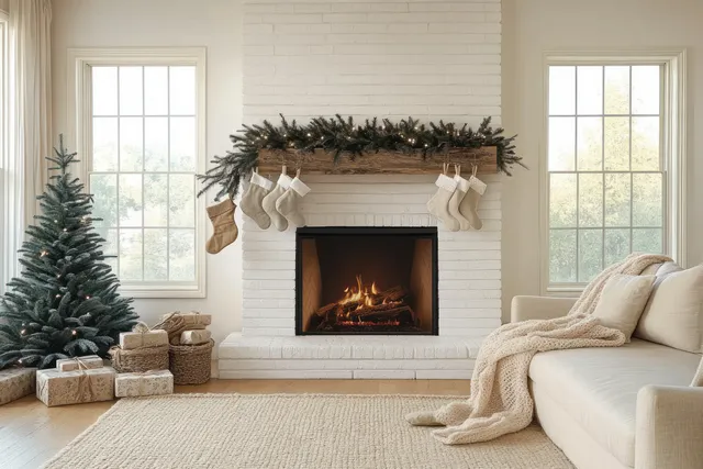 Cozy living room scene with a lit fireplace, holiday stockings, pine garland, and sunlit windows.