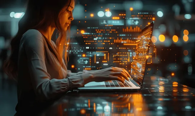Woman working on a laptop with glowing digital workflow overlays