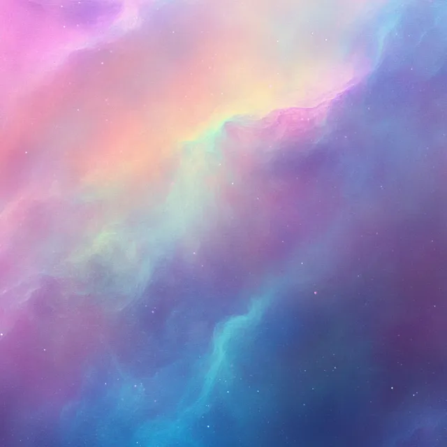 Pastel cosmic nebula swirls across starry space with soft glowing dust clouds