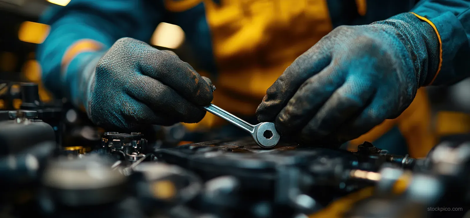 Gloved mechanic hands tighten a car engine bolt with a wrench in a dim garage workshop.