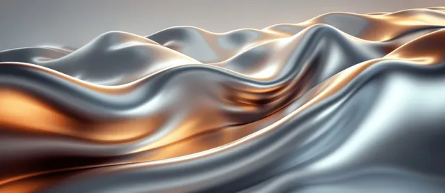 Metallic silver and bronze waves ripple across an abstract background with glossy reflections and gradient tones.