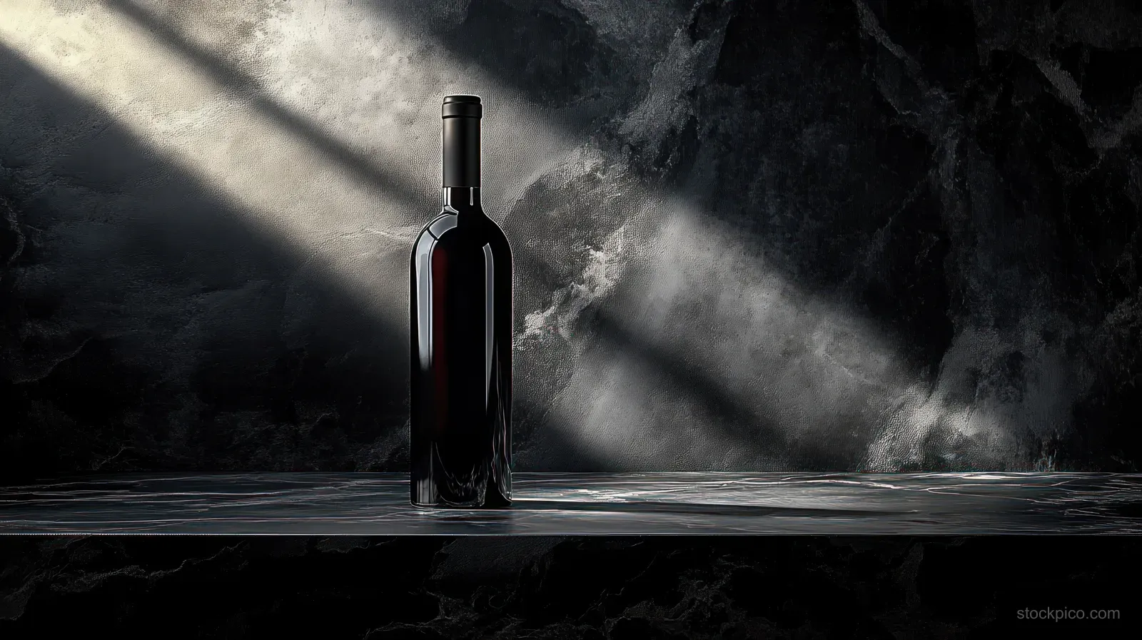 A dark wine bottle on black marble, lit by rays of light with a smoky textured stone backdrop.