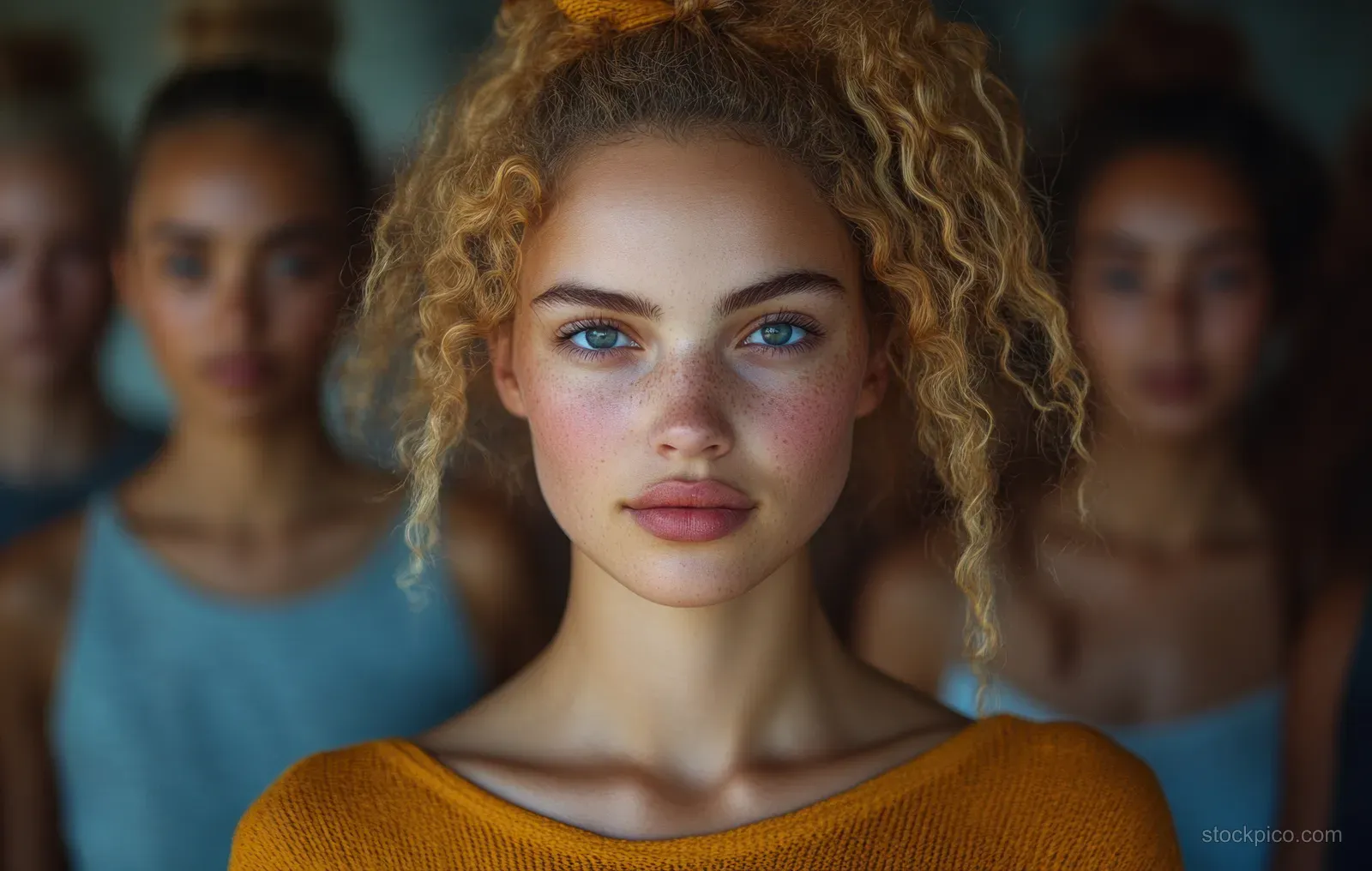 One woman stands in sharp focus with several other women blurred behind her during an International Women’s Day portrait scene.