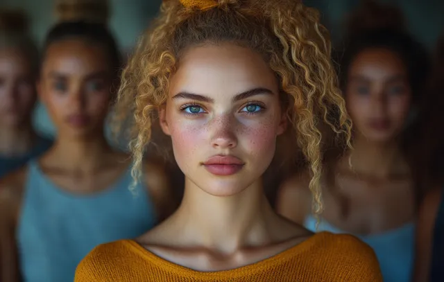 One woman stands in sharp focus with several other women blurred behind her during an International Women’s Day portrait scene.