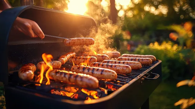 Grilled sausages sizzling on a backyard barbecue grill at golden hour