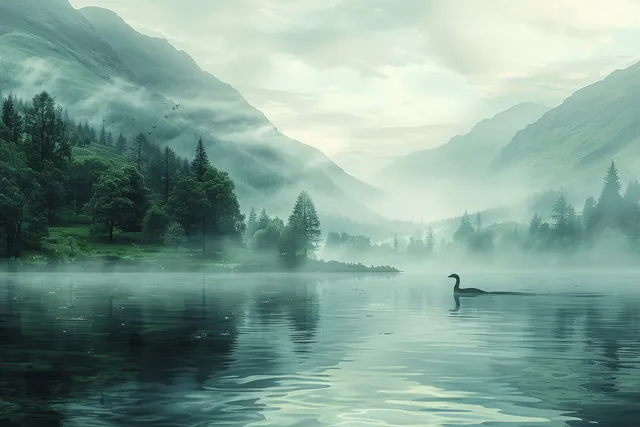 Loch Ness monster silhouette emerging through misty waters near Scottish highland shoreline