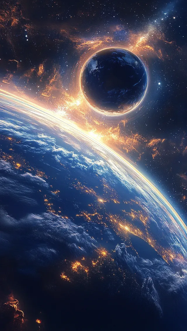 Earth from space with illuminated city lights and glowing cosmic clouds, starry background
