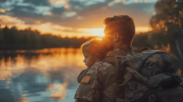 Un soldado lleva a un niño sobre sus hombros junto a un lago en calma durante un atardecer dorado.
