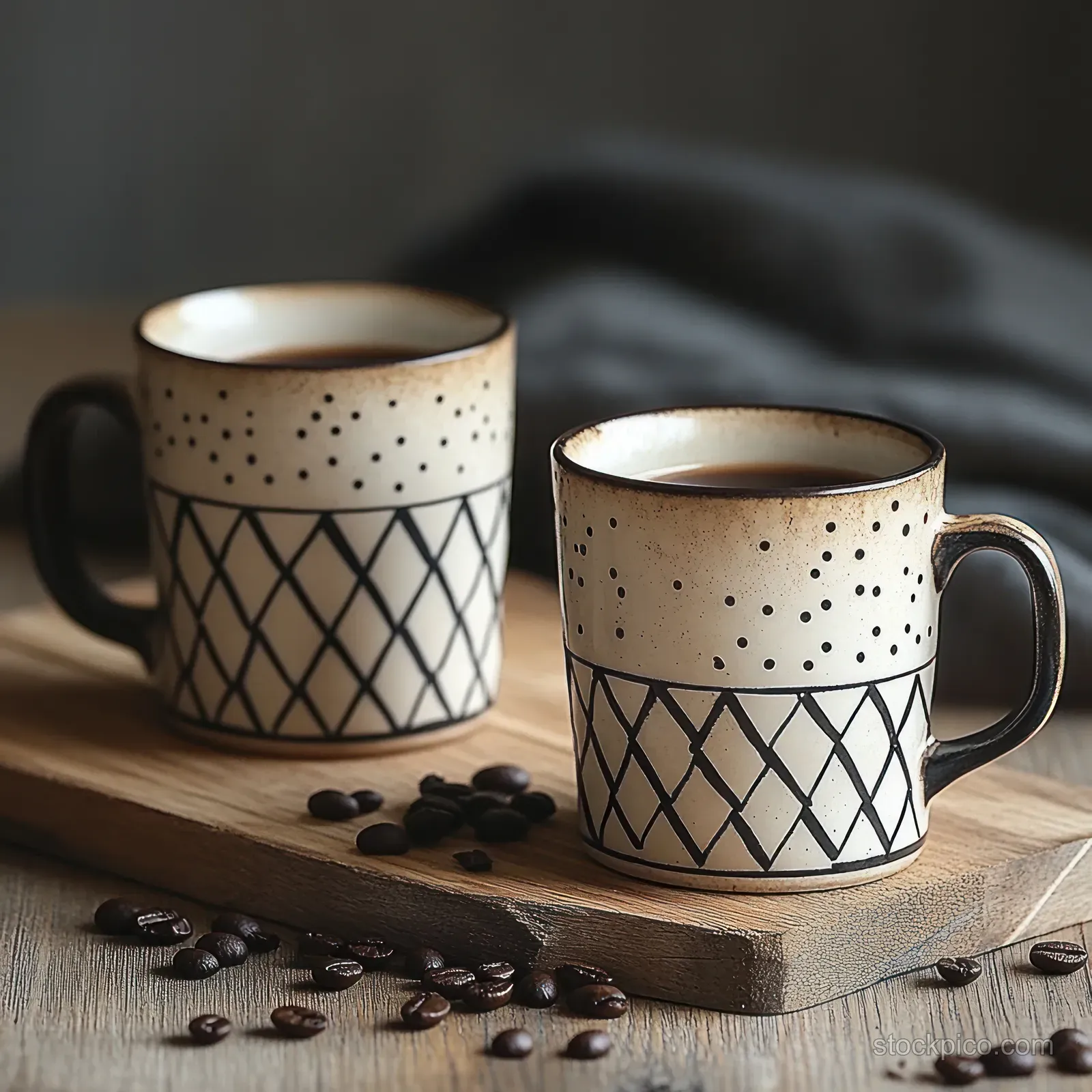Two patterned ceramic coffee mugs sit on a wooden board with scattered coffee beans.