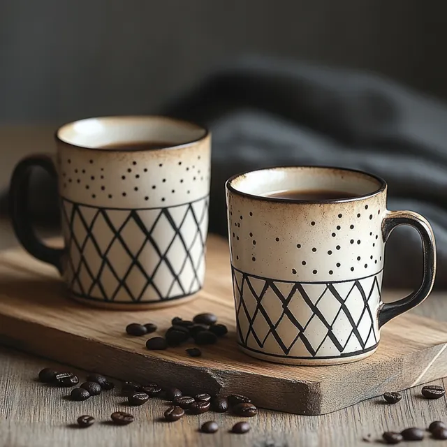 Two ceramic coffee mugs with geometric patterns on a wooden board