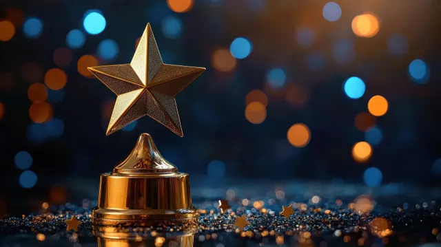 Gold first-place trophy with star topper on dark blue bokeh lights background