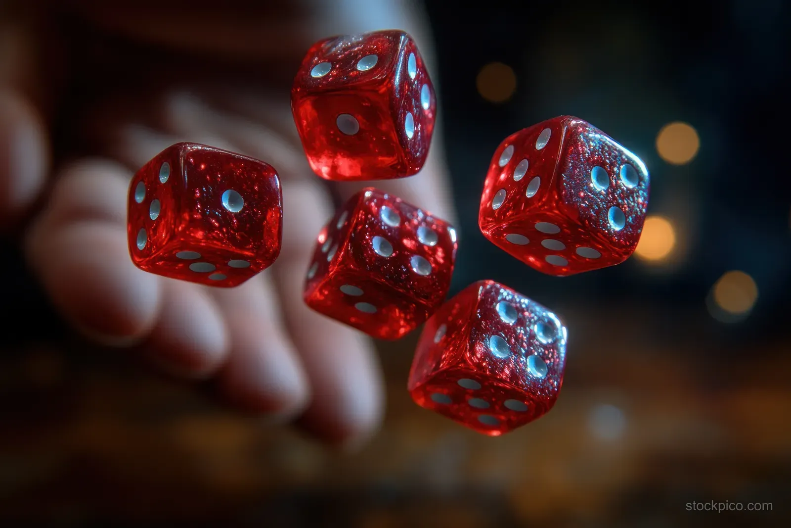 A hand rolling red dice on a dark casino table with glowing bokeh lights in the background.