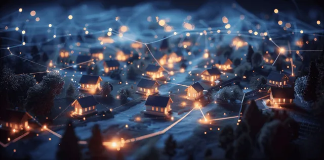 Night aerial view of suburban homes connected by glowing network lines over dark streets.