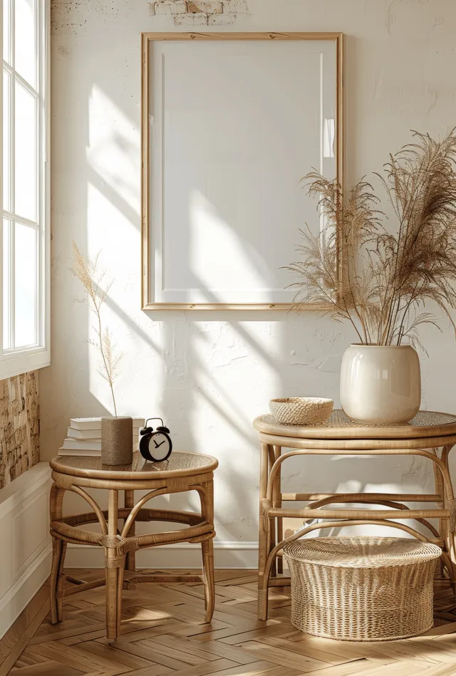 Sunlit minimalist Nordic interior featuring rattan side tables, small armchair, and a blank wall picture frame.