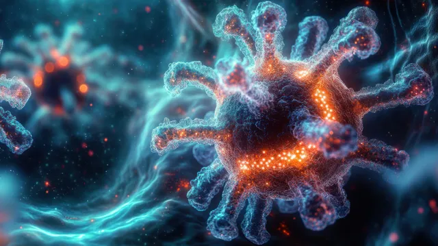 A glowing orange virus core with blue spike proteins floats in a dark, ethereal 3D environment.