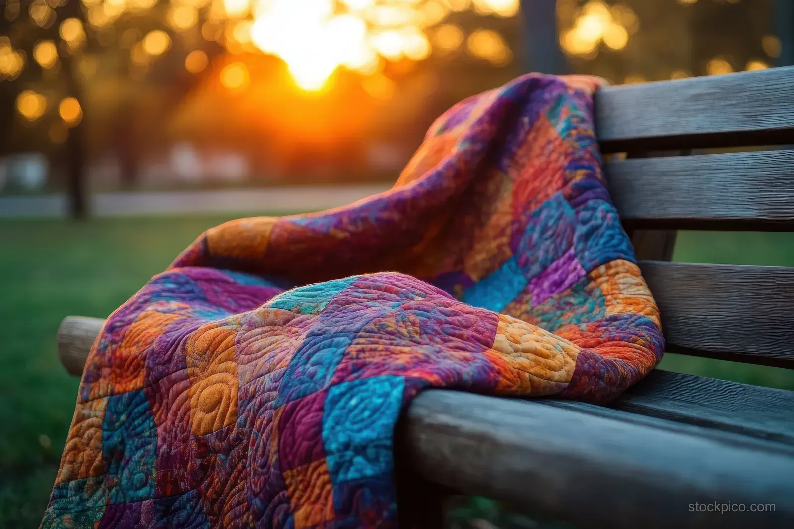 Colorful patchwork quilt draped on a wooden park bench during a warm sunset.