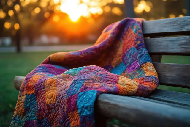 Colorful patchwork quilt draped on a wooden park bench during a warm sunset.