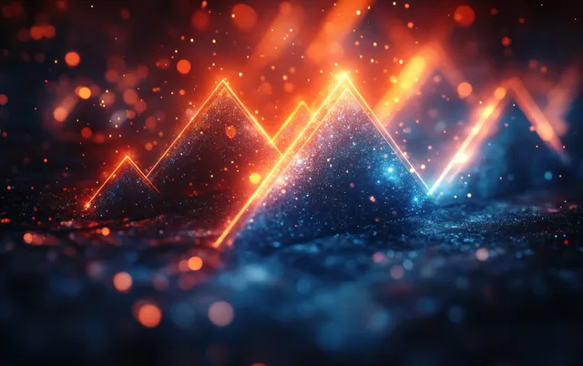 Glowing blue upward arrows rise above an abstract business graph amid floating digital sparks.