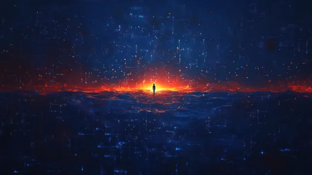 Silhouetted figure on a glowing horizon, surrounded by dark cyber rain and abstract wave light