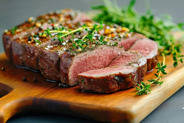 Sliced medium-rare steak on wooden cutting board, thyme garnish and pepper specks
