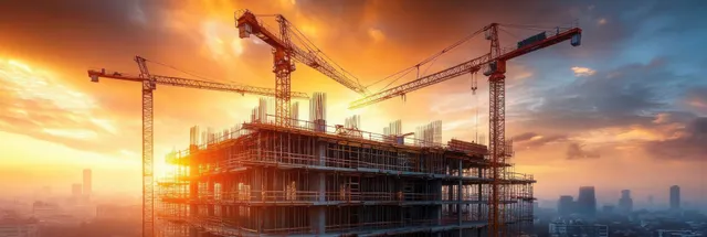 Cranes and scaffolding frame a high-rise building under warm sunset sky with long construction shadows.