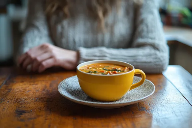 Warm vegetable soup in a yellow cup on a ceramic plate
