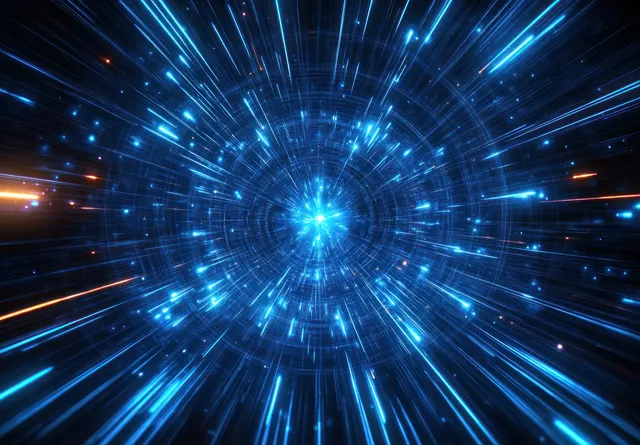 Glowing blue light streaks converge into a tunnel portal, suggesting fast space travel