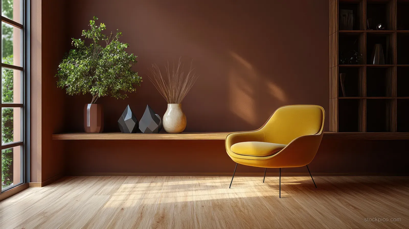 A yellow armchair rests beside a wooden shelf with small vases and a plant against a dark wall in warm sunlight.